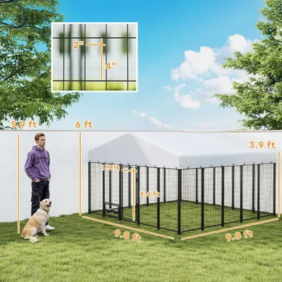 9.8' X 9.8' X 6'Outdoor Dog Kennel, Dog Kennel Outside Run With 360 Rotating Bowls, Waterproof & UV Resistant CoverMultiple Packages