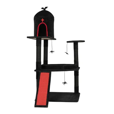 53in Gothic Cat Tree With Coffin Bed, Large Cat Tower With Spacious Cat Condo, Scratching Posts, Spider Hanging Toys, Scratching Board, Multi-Level Cat Activities Furniture For Large Cats, Red & Black