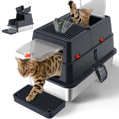 Stainless Steel Litter Box With Lid, Enclosed Metal Litter Box, Extra Large Kitty Litter Pan Covered With Scoop & Pedal, Odor Control, Odor Free, Front & Flip-Top Entry