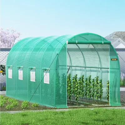 VEVOR Walk-in Tunnel Greenhouse, 14.8 X 6.6 X 6.6 Ft Portable Plant Hot House W  Galvanized Steel Hoops, 1 Top Beam, Diagonal Poles, Zippered Door   8 Roll-up Windows, Green