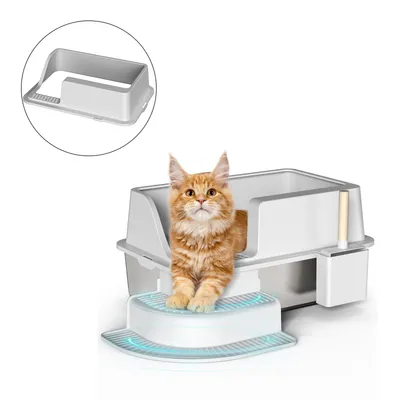 30L Semi Enclosed Cat Litter Box With Footboard And Scoop Stainless Steel Litter Box Plastic Walkway