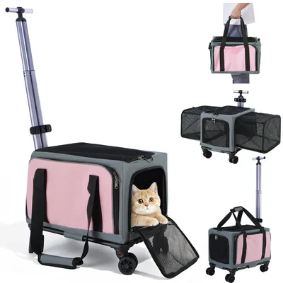3-Sided Expandable Rolling Pet Carrier With Wheels, Small Cat Dog Travel Carrier, Foldable Portable Bag Grey  For Travel Camping Vet Outdoor Indoor Use