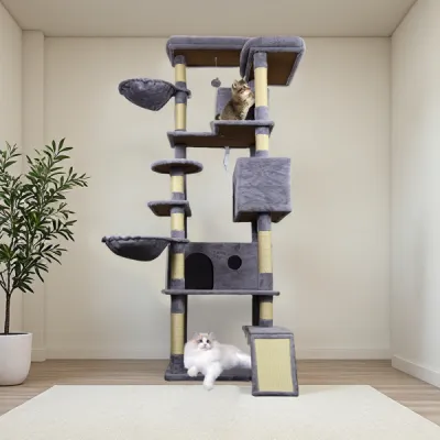 84.6 In Dark Gray Cat Tree Tower With Wide Base, 3 Large Hinding Condo, 11 Sisal Scratching Post, Sisal Scratching Ladder, 2 Hammocks, Large Top Platform, Many Landing Perch And Interactive Toy