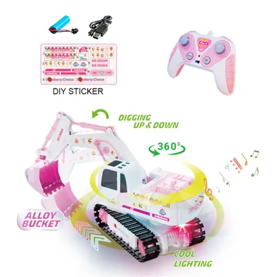 Pink Remote Control Excavator Toy Rechargeable Tracked Construction Vehicle With Lights And Music  Suitable For Girls And Children Ages 3 And Up,Pickup Only