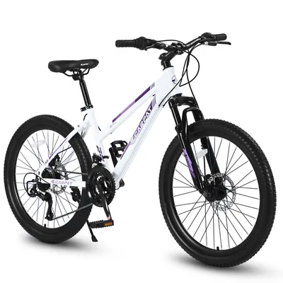 S24103 24 Inch Mountain Bike For Teenagers Girls Women, Shimano 21 Speeds With Dual Disc Brakes And 100mm Front Suspension, White&Pink
