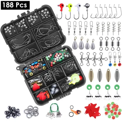 188Pcs Fishing Accessory Kit Portable Fishing Set Including Jig Hooks Sinker Weights Spoon Lure Removable Split Shot With Tackle Box For Fathers Day Gift