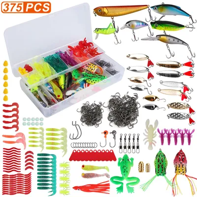 375Pcs Fishing Baits And Tackle Box Saltwater Freshwater Fishing Lures Kit Lifelike Popper Crankbaits Crickets Frogs Spoon Lures Maggots