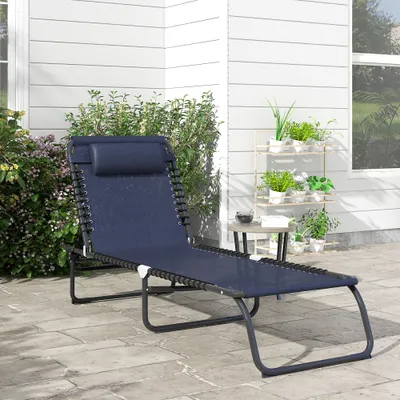  Folding Chaise Lounge Pool Chair with 4-Position Reclining Back, Pillow, Breathable Mesh & Bungee Seat, Dark Blue