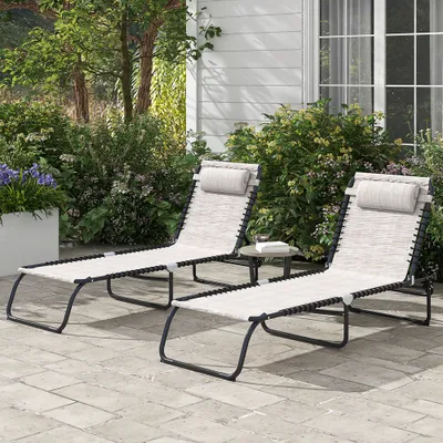  2 Folding Chaise Lounge Pool Chairs with 4-Position Reclining Back, Pillow, Breathable Mesh & Bungee Seat, Dark Blue