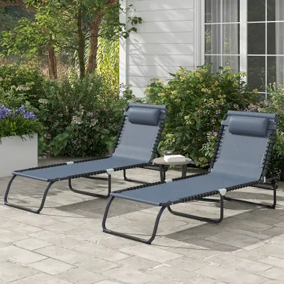  2 Folding Chaise Lounge Pool Chairs with 4-Position Reclining Back, Pillow, Breathable Mesh & Bungee Seat, Gray