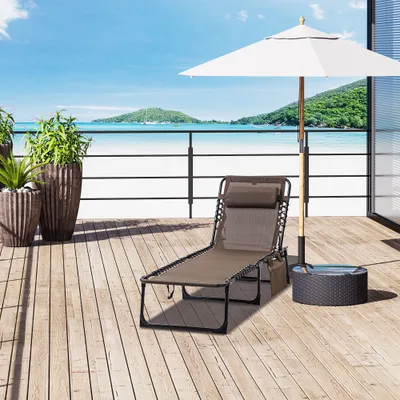  Chaise Lounge Chair Outdoor, 5-Position Adjustable Sun Tanning Chair with Carrying Handle and Side Pocket, Folding Bed Cot with Removable Pillow for Garden, Beach, Patio, Pool, Camp, Brown