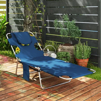  Folding Outdoor Chaise Lounge Sun Tanning Chair with Face Cavity, Pillow, 5-level Adjustable for Beach, Pool, Dark Blue
