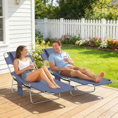  2 Tanning Chairs with Face Hole, 5-Level Adjustable Outdoor Chaise Lounge Chair with Pillow for Beach, Pool, Gray