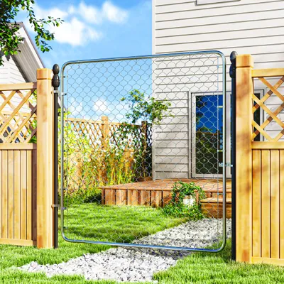  Garden Gate Chain Link Fence Gate, Galvanized Steel Garden Door for Yard Entrance Way, 70.9 x 70.9 in., Silver