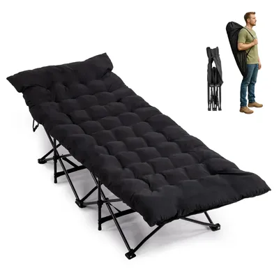 Folding Camping Cot Bed With Soft Pad, Portable Outdoor Cot, Adults Sleeping Bed For Home Office Nap Beach Travel, Black