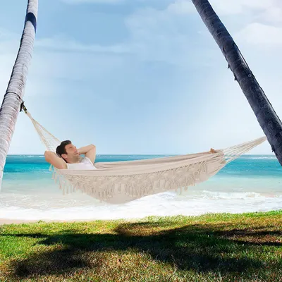 Curved-Handle Wooden-Pole Canvas Double Hammock For The Beach