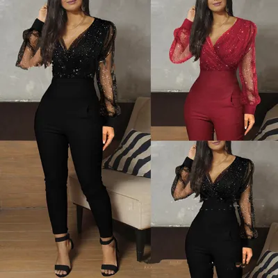  European And American New Sequin Gauze Jumpsuit Women's Slim Jumpsuit