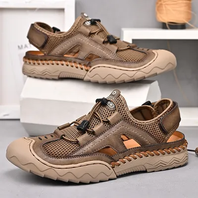  Foreign Trade Cowhide Hollow-out Closed Toe Sandals Men's Summer Beach Shoes Outdoor Casual Breathable Sport Climbing Sandals