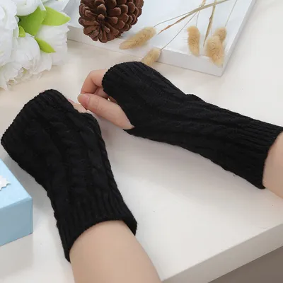  Ladies New Korean Knitted Gloves Student Half Finger Twist Long Sleeve Arm Sleeve Solid Color Protective Gloves Wholesale