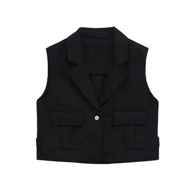 Women's Retro Lapel Button Vest Black Regular Pocket Waistcoat Sleeveless Top