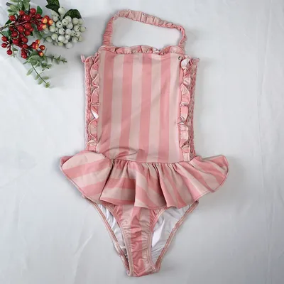 Children's Swimwear Ins Explosion Models Girls Siamese  Striped Princess Wind Lace Swimsuit