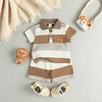 Bear-print Short-sleeve T-shirt And Striped Shorts Two-piece Set
