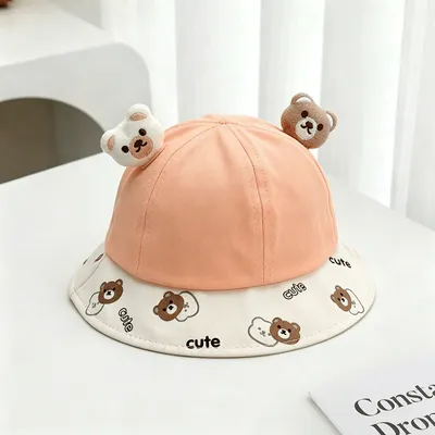 Summer Children's Double Bear-head Decorated Cute Letter Print Comfortable And Breathable Adorable Child-like Style Fishing Hat For Walking Or Going Out
