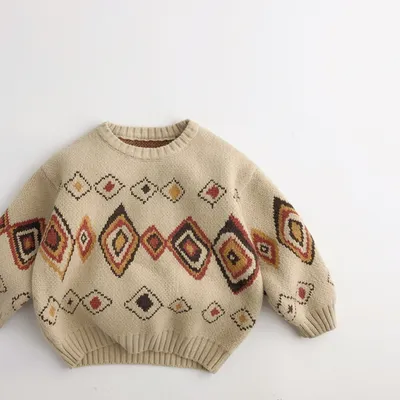 Graffiti Rhombus Cool Contrast Color Kids' Sweater Autumn And Winter Korean Style