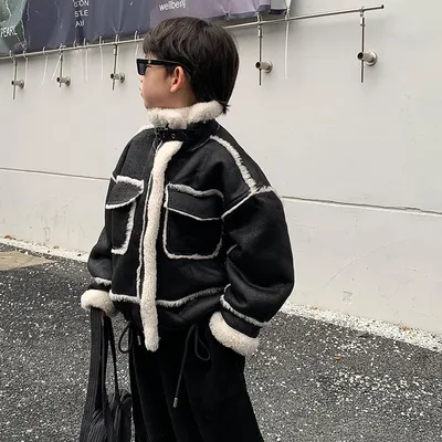 Boy's Leather Jacket Fleece Padded Coat Autumn And Winter Clothing
