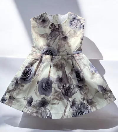 Girls Smoke Grey Summer Dree Floral Cocktail Dress With Elegant Bow 1-9Y