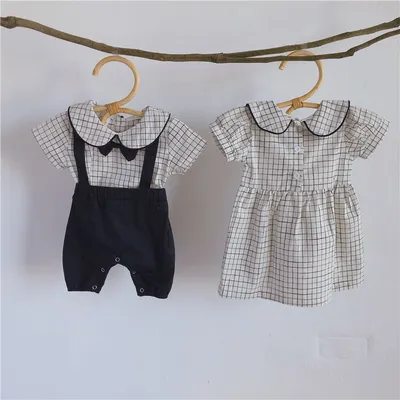 Ankesong Authentic Baby Summer Boys And Girls Baby Triangle Dress Short Sleeve Plaid Gentlemen And Women