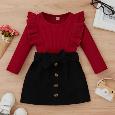 Autumn And Winter Girls' Suit Flounced Sleeve Top Corduroy Skirt