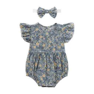 2-Piece Set Of Ruffles And Headband Jumpsuit With Ruffle Sleeves Printed Floral Baby Girl Summer Dress