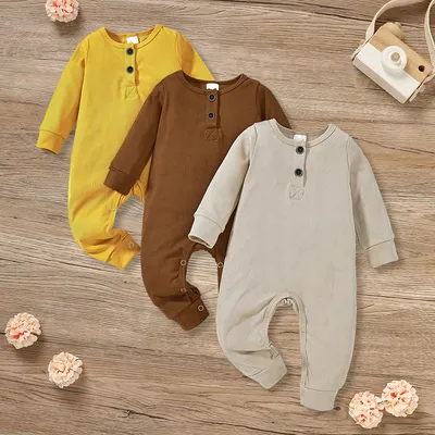 3-Pack Newborns Infants Baby Boys & Girls Long Sleeve Ribbed Romper Soft Button Front Jumpsuit