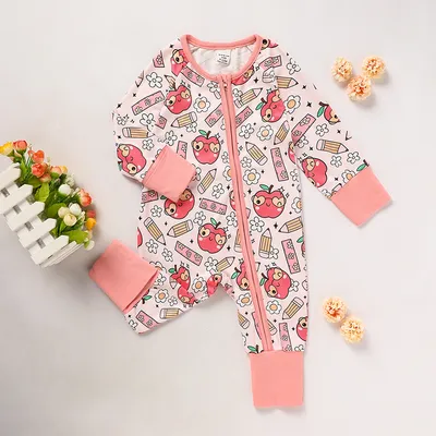 Adorable Infant Romper For Back To School Apple And Pencil Print Long Sleeve Jumpsuit Outfit
