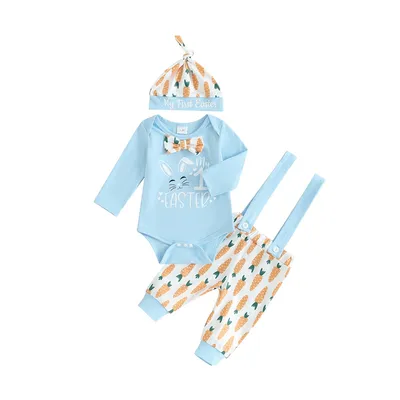 3pcs Set Baby Costume Set, Long Sleeved Letter Rabbit Print Jumpsuit, Carrot Print Suspender Pants, Hat Set