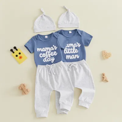 Baby Letter-embroidered Short-sleeve Romper Long Pants Hat Three-piece Set