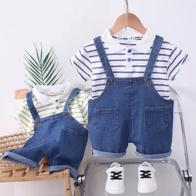Boys Striped Lapel Denim Dungaree Set 2-Piece