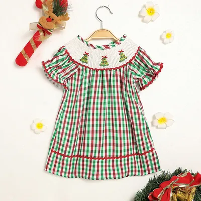 Toddler Infant Baby Girls Christmas Dress Short Sleeve Christmas Tree Embroidered Plaid Casual Party Dresses