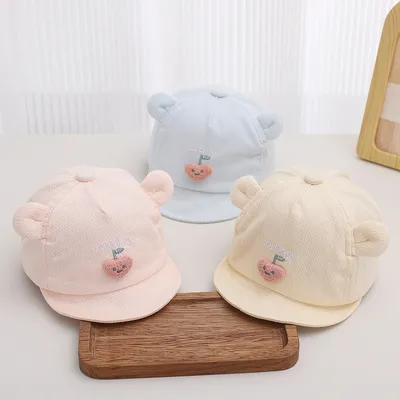 Spring And Summer Mesh Breathable Baby Soft Brimmed Bow Cap Embroidered Letters Cute Cherry Ears Baby Casual Sun Hat