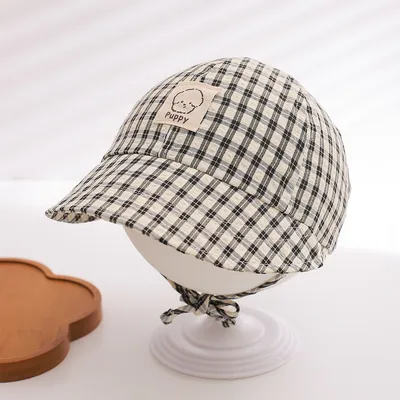 Summer Baby Checkered Lace-up Fisherman Hat For Boys And Girls - Sun Protection Wide-brimmed Baseball Cap For Daily Outdoor Use