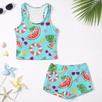 Girls Fashionable Swimsuit Set With Watermelon Print