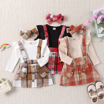 Autumn And Winter Solid Color Long-sleeved Triangle Romper Check Overall Dress Suit