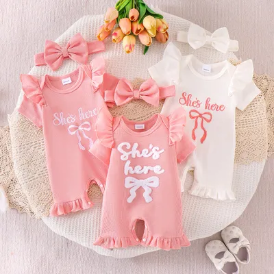 Pitted-texture Ruffled-hem Short-sleeve Romper With A Bow Headband