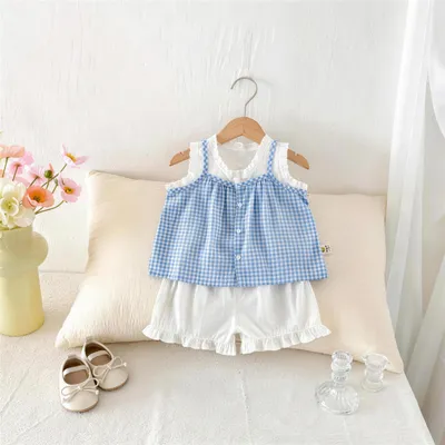 Lace Plaid Two-Piece Set For Little Girls Vest Top And Blouse
