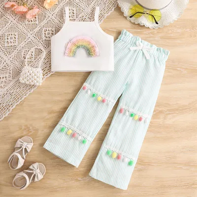 Summer New Arrival Sweet Rainbow-Embroidered Strap Top And Striped Wide-Leg Pants Set For Girls