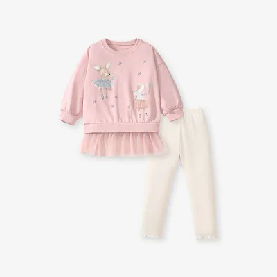Girls Long Sleeve Top And Pants Set - Casual Comfortable Two Piece Outfit For Kids Daily Wear