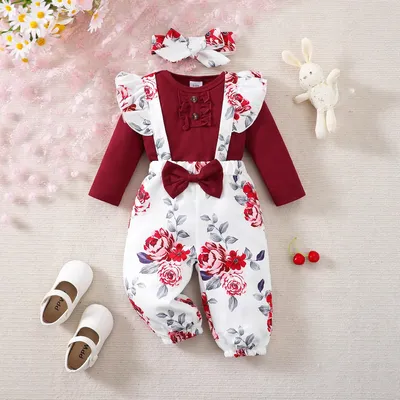 Solid-color Long-sleeve Bodysuit Printed Suspender Trousers Headband 3-piece Set