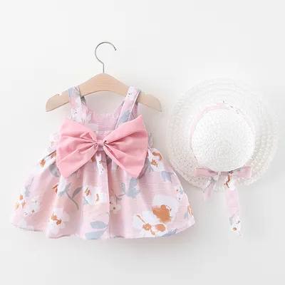 A749 Summer New Female Baby Vest Skirt Princess Dress 1234 Years Old With Big Bow Flower Skirt On The Chest On Behalf Of Hair