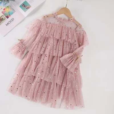 Autumn Long-sleeved Dress, Baby Princess Dress, Polka Dot Star Sequined Mesh Cake Dress